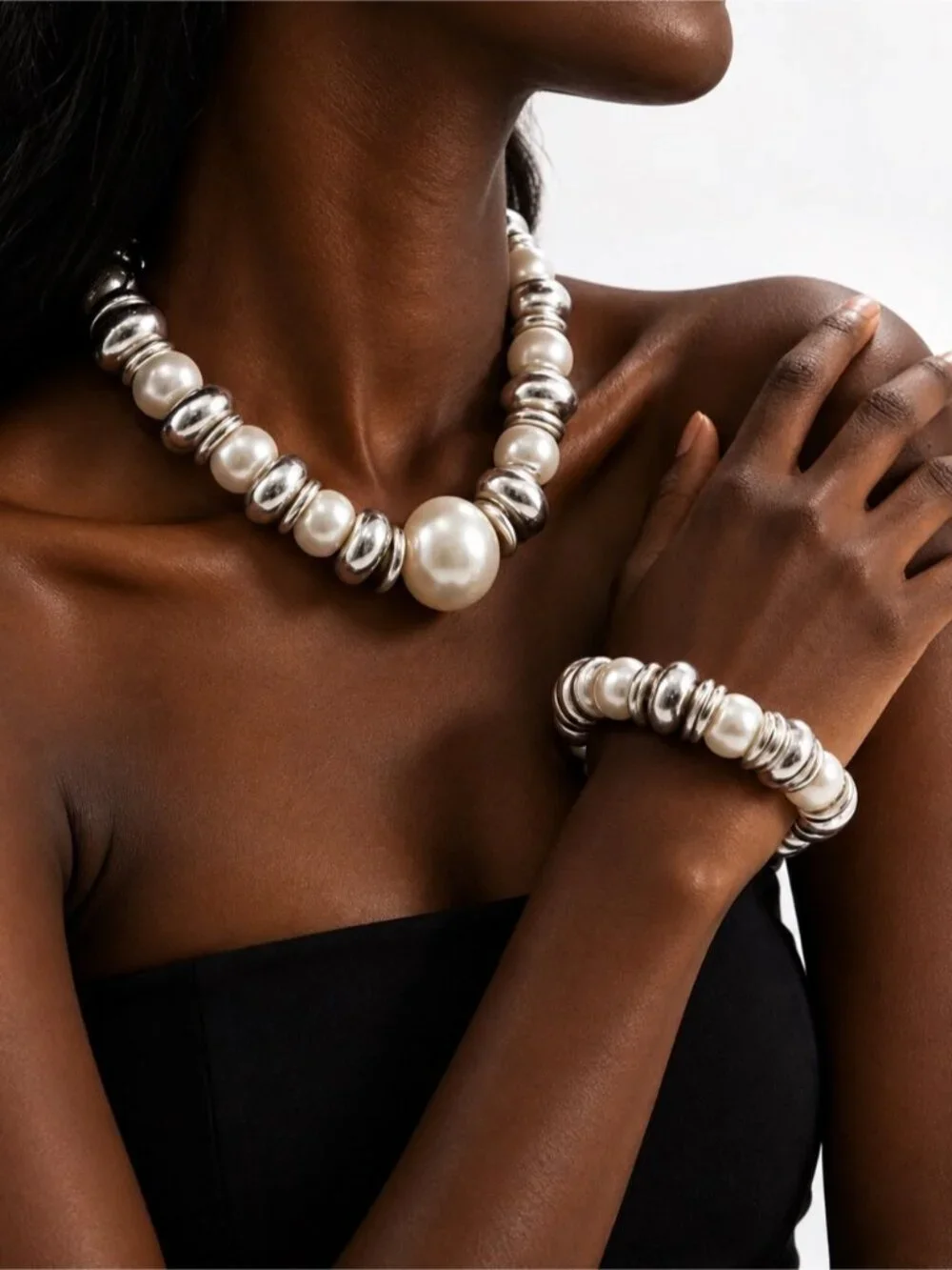 Silver tone and Pearl accent Statement Necklace & Bracelet Set